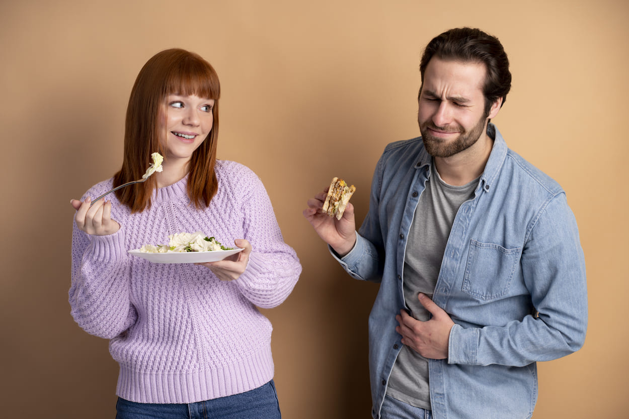 Couple with acid reflux eating different type of foods