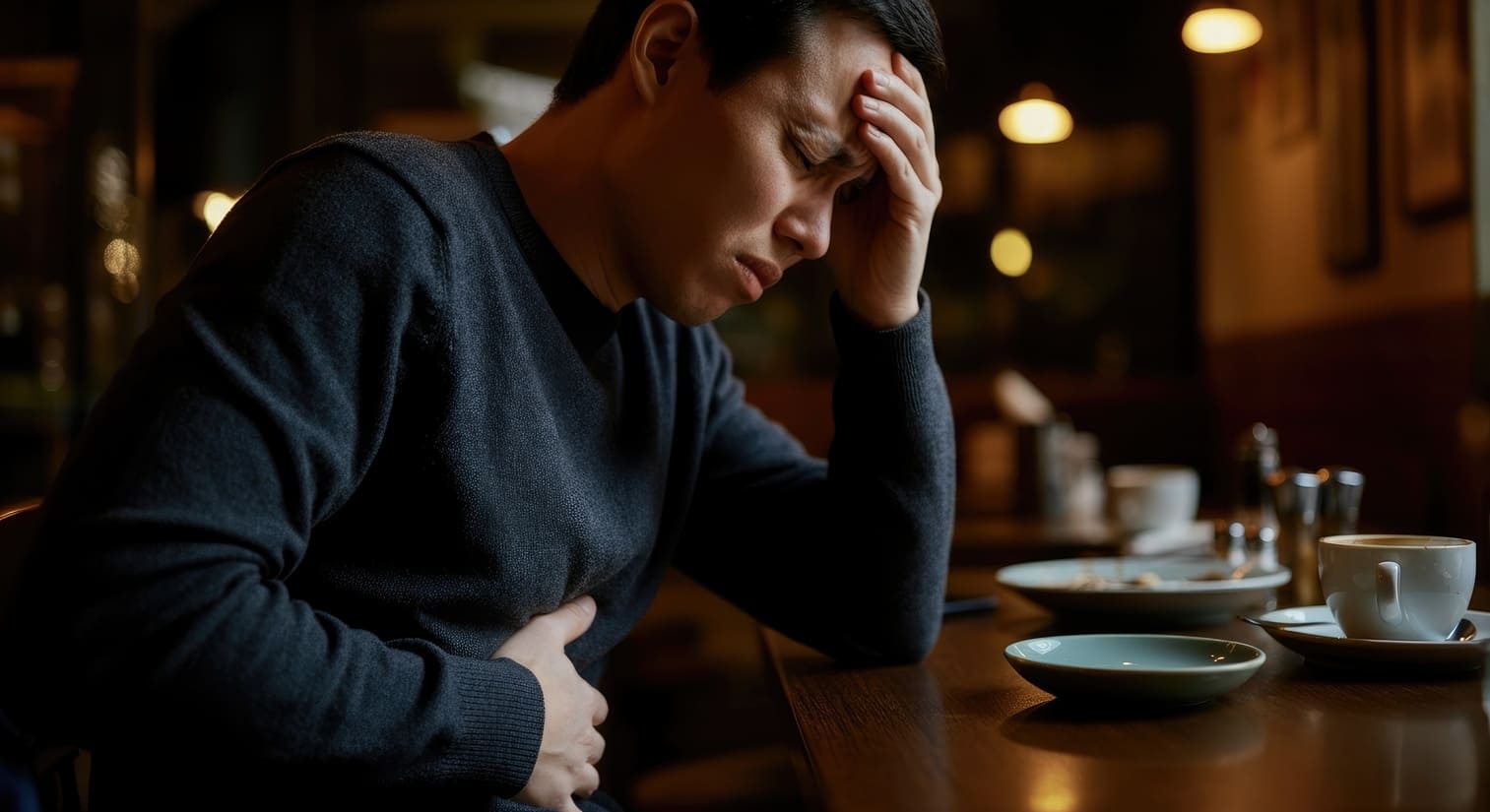 Man with gastroparesis in pain holding his stomach