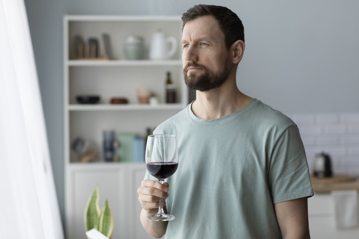 Man with heartburn drinking wine