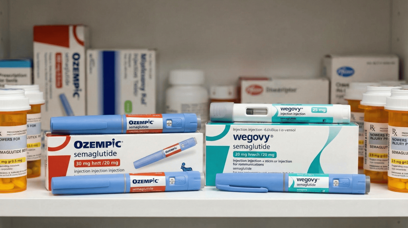 Ozempic and Wegovy injection pens and packaging displayed on a shelf