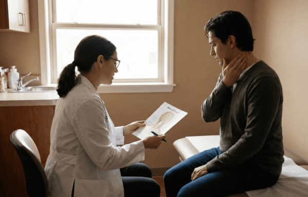 A doctor discusses a medical diagram with a patient in an exam room