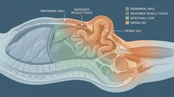 Anatomical diagram of a hernia showing tissue protruding through weakened abdominal wall