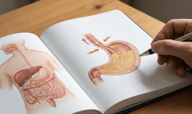 Hand pointing at a diagram of acid reflux in a book