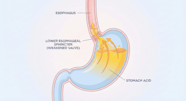 Medical diagram of acid reflux showing stomach acid moving up through esophageal sphincter