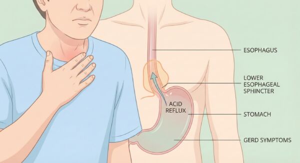 Medical illustration of acid reflux causing throat and chest discomfort