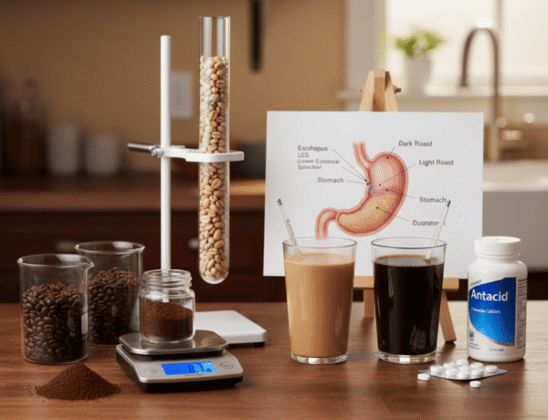 Coffee beakers, antacids, and a digestive system diagram on a wooden desk.