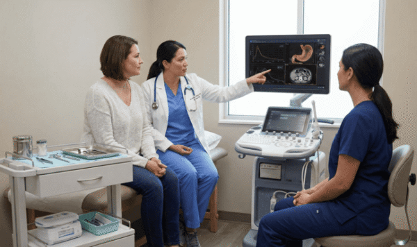 Doctor showing stomach imaging results to a patient.