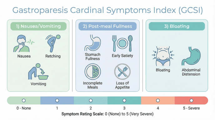 GCSI symptom index measuring gastroparesis severity across three categories