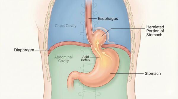 Hiatal hernia anatomical diagram showing stomach protruding through diaphragm
