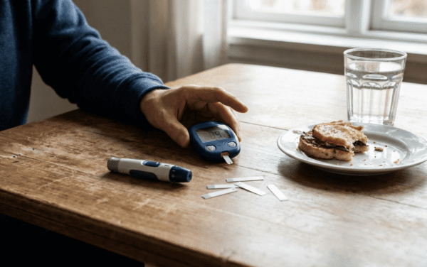 Person checks their blood sugar with a meter at a table after a meal