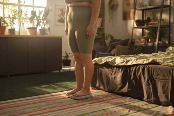Person weighing themselves, as excess weight can contribute to heartburn