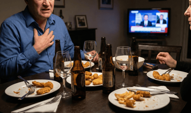 Person with heartburn holding his chest while dining