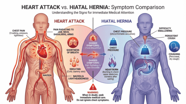 Diagram comparing heart attack and hiatal hernia symptoms on human body outlines, showing distinct and overlapping signs
