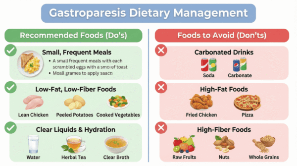 Dietary guidelines for gastroparesis treatment showing meal recommendations and foods to avoid
