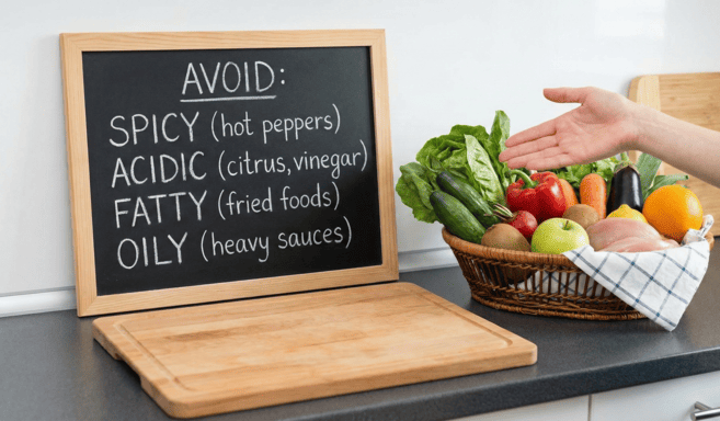 Dietary restriction list and fresh produce basket.
