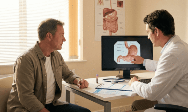 Doctor discussing stomach diagram with patient