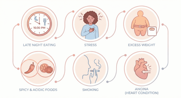 Icons depicting various heartburn triggers and risk factors