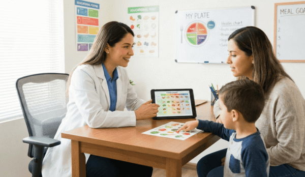 Medical consultation showing smaller, frequent meal planning for children