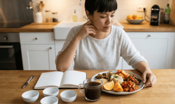 Woman with acid reflux on the table looking at her food
