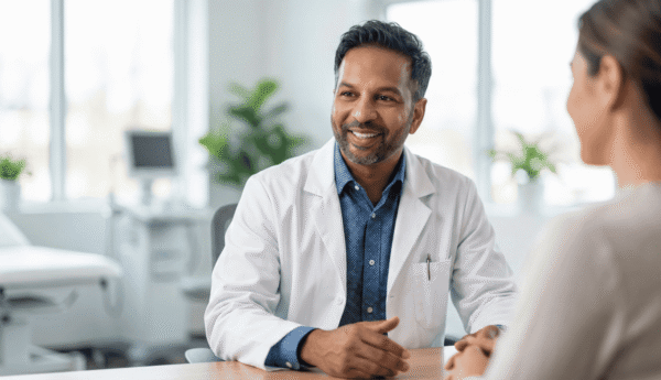 Dr. Grandhige consulting with a patient in a warm, modern office