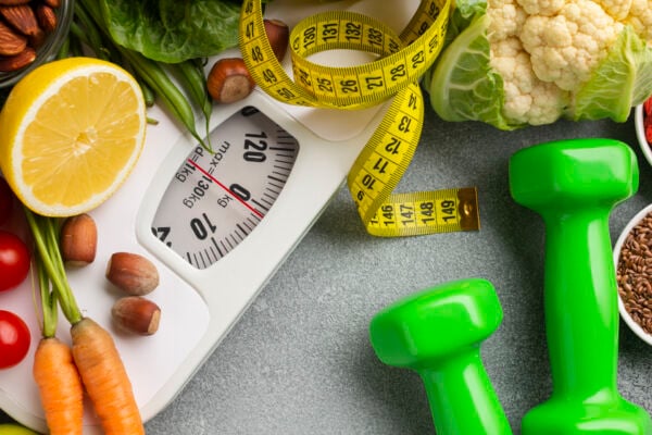 Flay lay of scale weights and vegetables