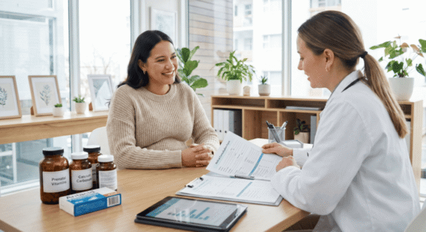 Pregnant woman consulting doctor about safe medications