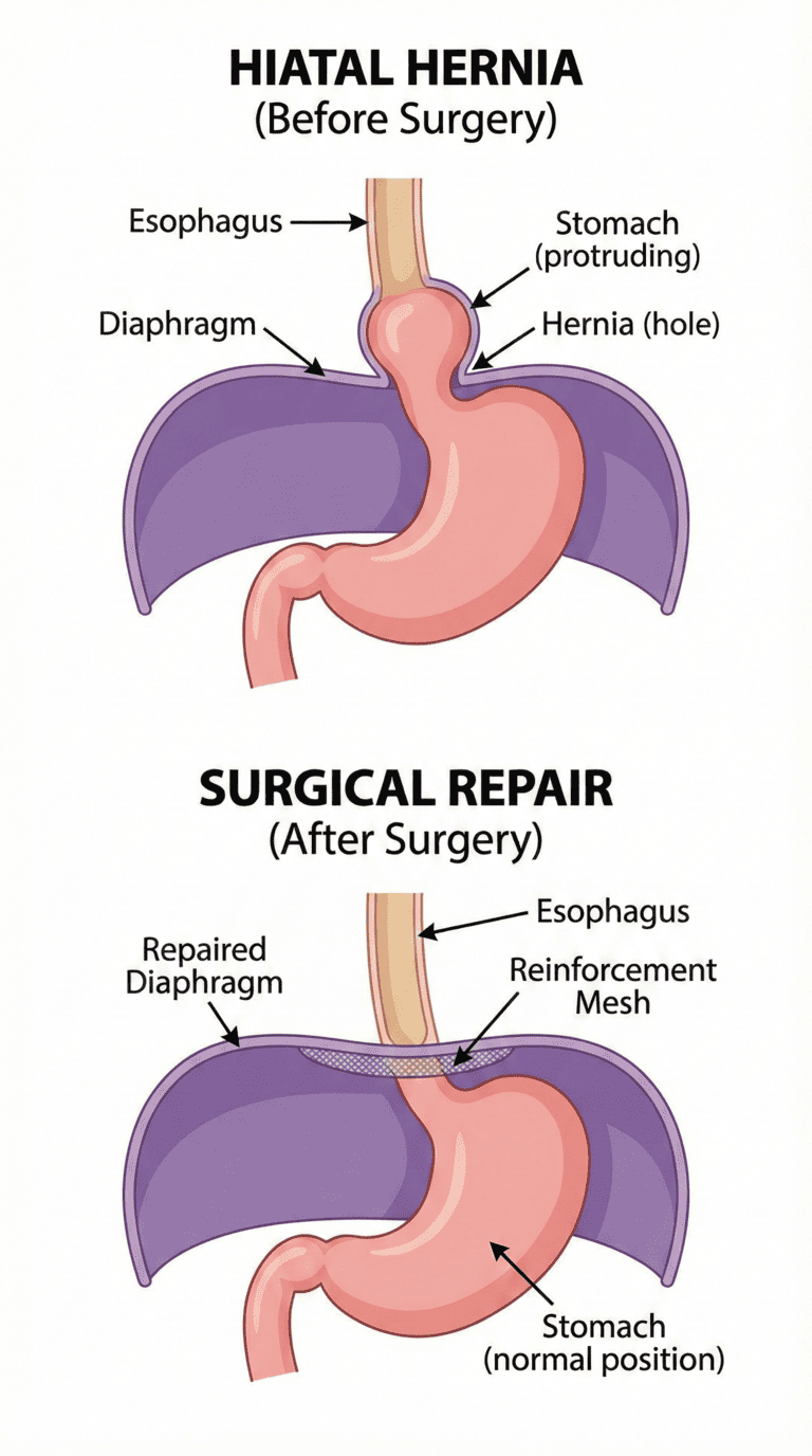 Diagram showing hiatal hernia and surgical repair Diagram showing hiatal hernia and surgical repair