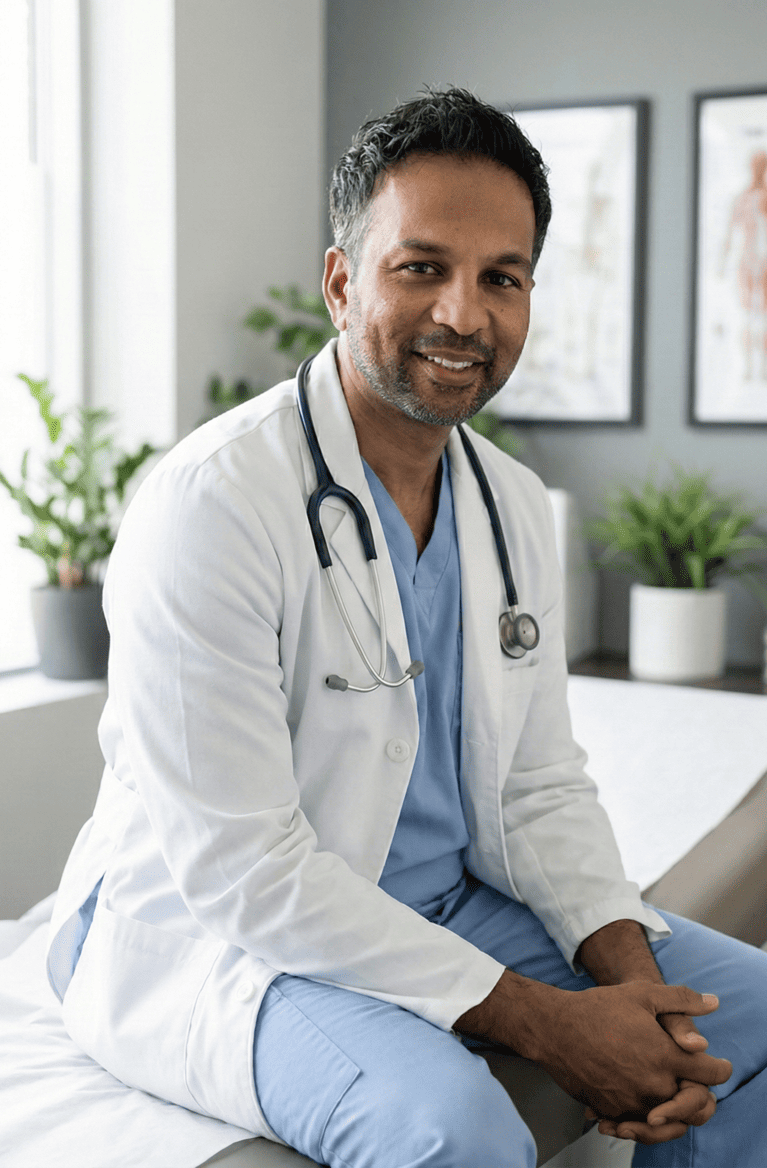 Dr Gopal wearing a white coat