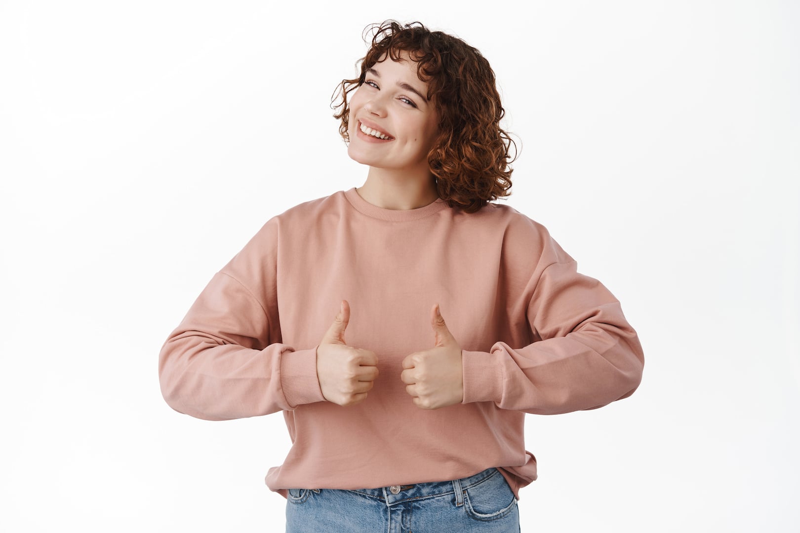 Women with gastroparesis smiling doing thumbs up