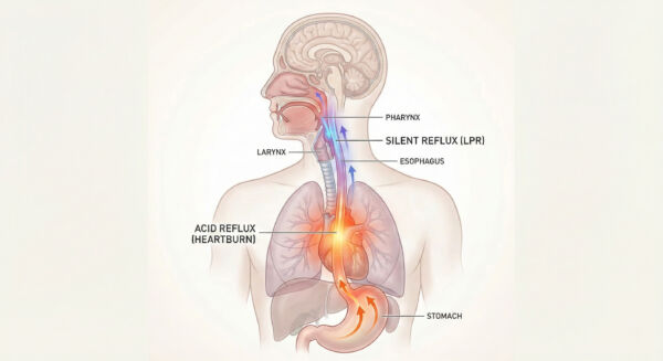 Diagram showing heartburn vs. silent reflux locations