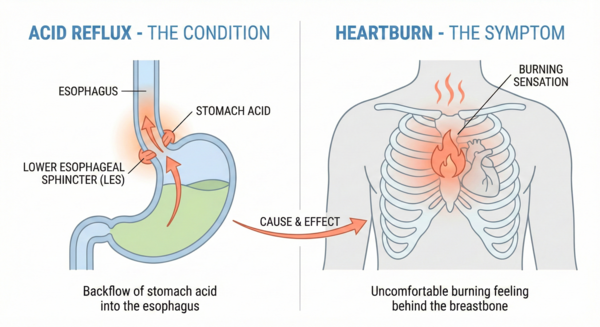 Difference between acid reflux condition and heartburn symptom