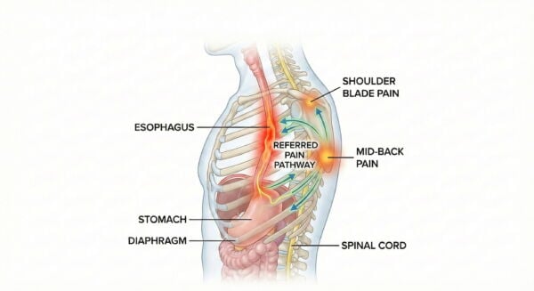 Illustration of GERD-related back pain pathway