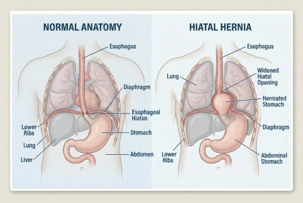 Normal anatomy versus hiatal hernia diagram