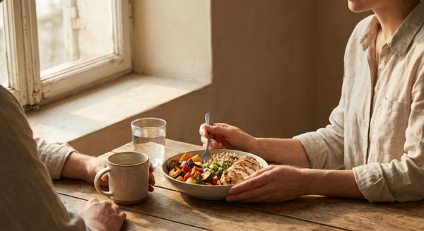 Person eating mindfully at a calm table