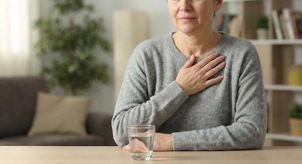 Person experiencing hiatal hernia symptoms like heartburn