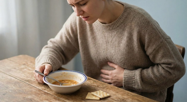 Person feeling full and nauseous after eating little food