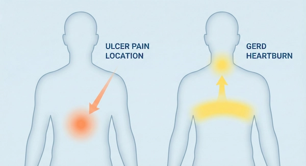 Ulcer pain in abdomen versus GERD pain in chest