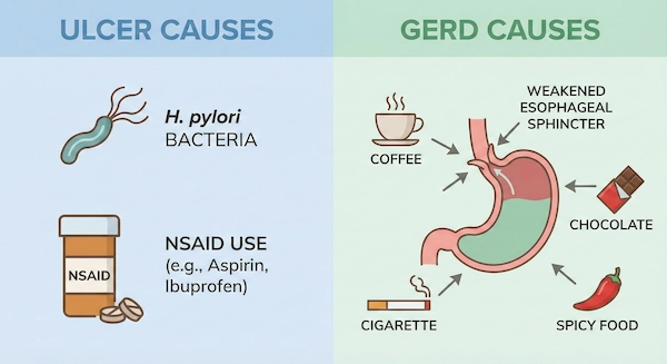 Causes of ulcers versus GERD compared