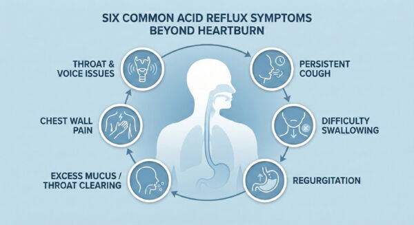 Infographic of six acid reflux symptoms beyond heartburn