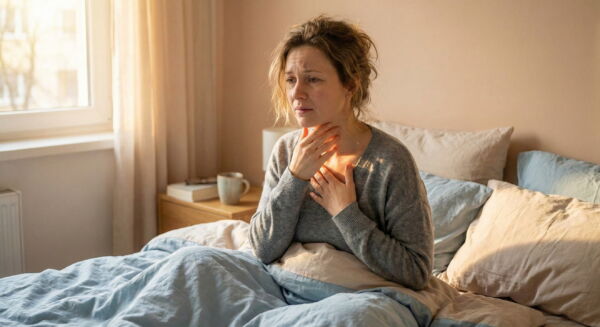 Person waking up with morning heartburn symptoms