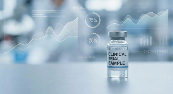Clinical trial sample vial with medical data visualization