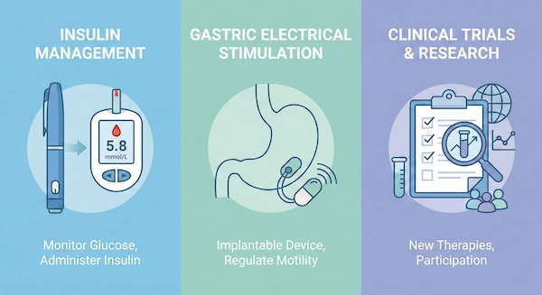 Diabetic gastroparesis treatments insulin, stimulation device, clinical trials