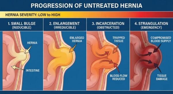 Illustration showing stages of untreated hernia complications