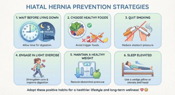 Infographic showing strategies to prevent hiatal hernias