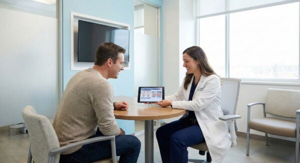 Healthcare provider discussing hernia management with patient