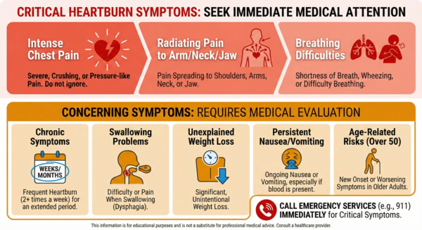 Warning signs requiring immediate medical attention for heartburn