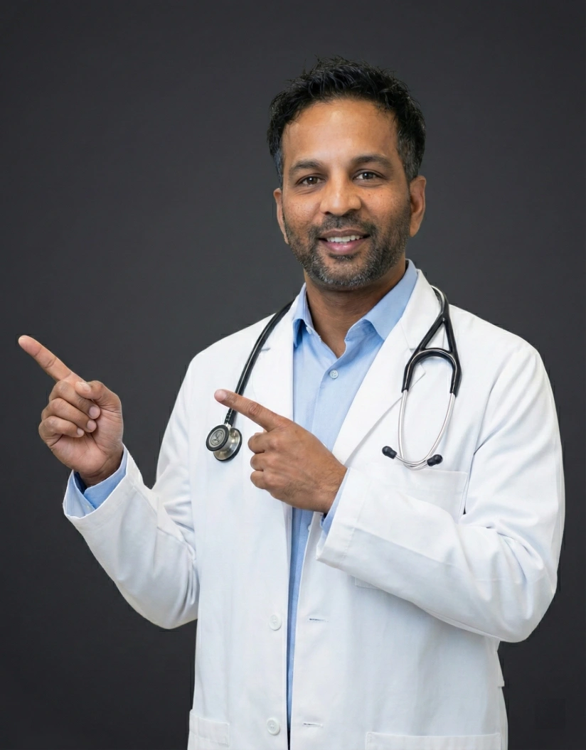 Dr Grandhige pointing both hands left Dr Grandhige pointing both hands left