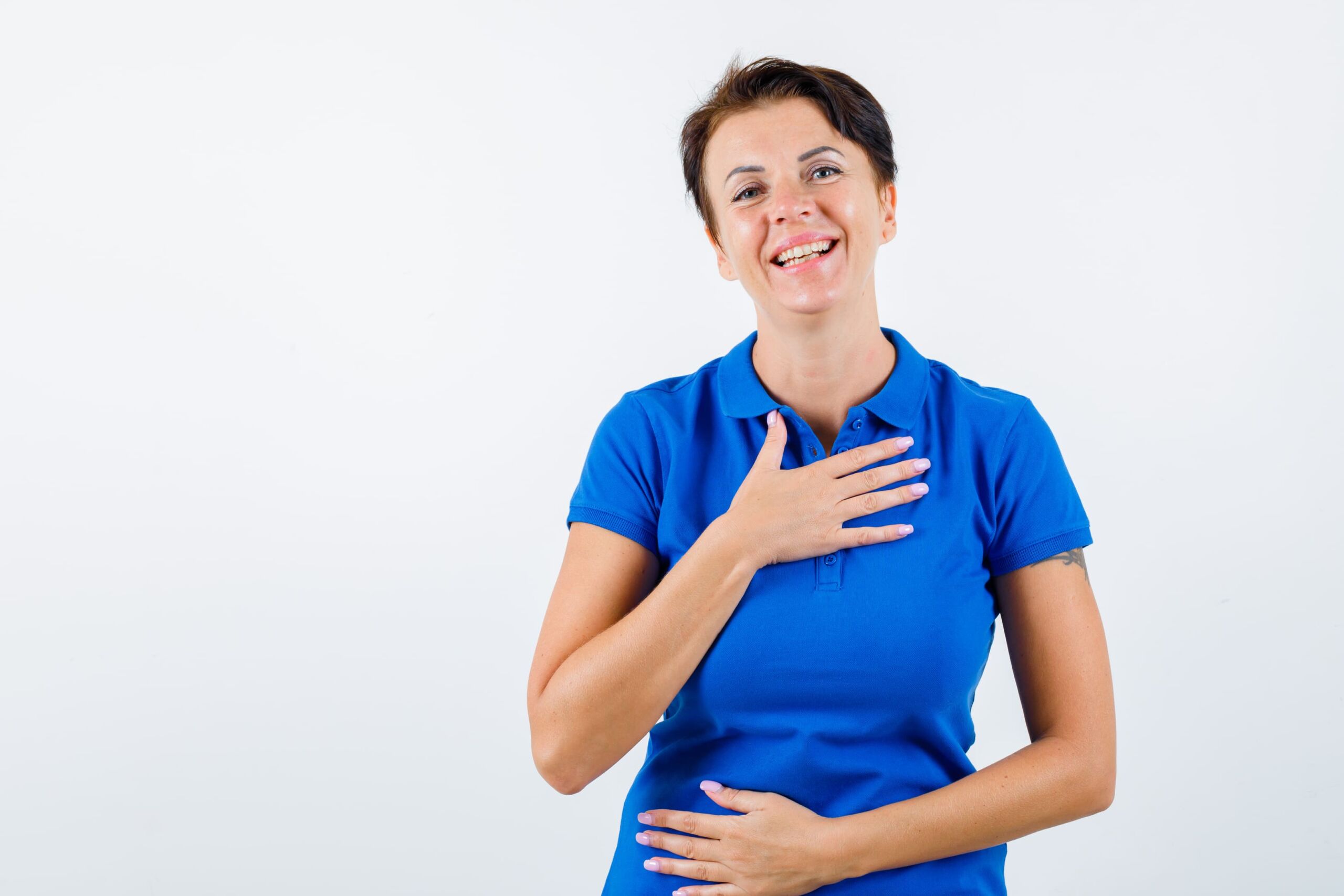 Woman with heartburn happy Woman with heartburn happy