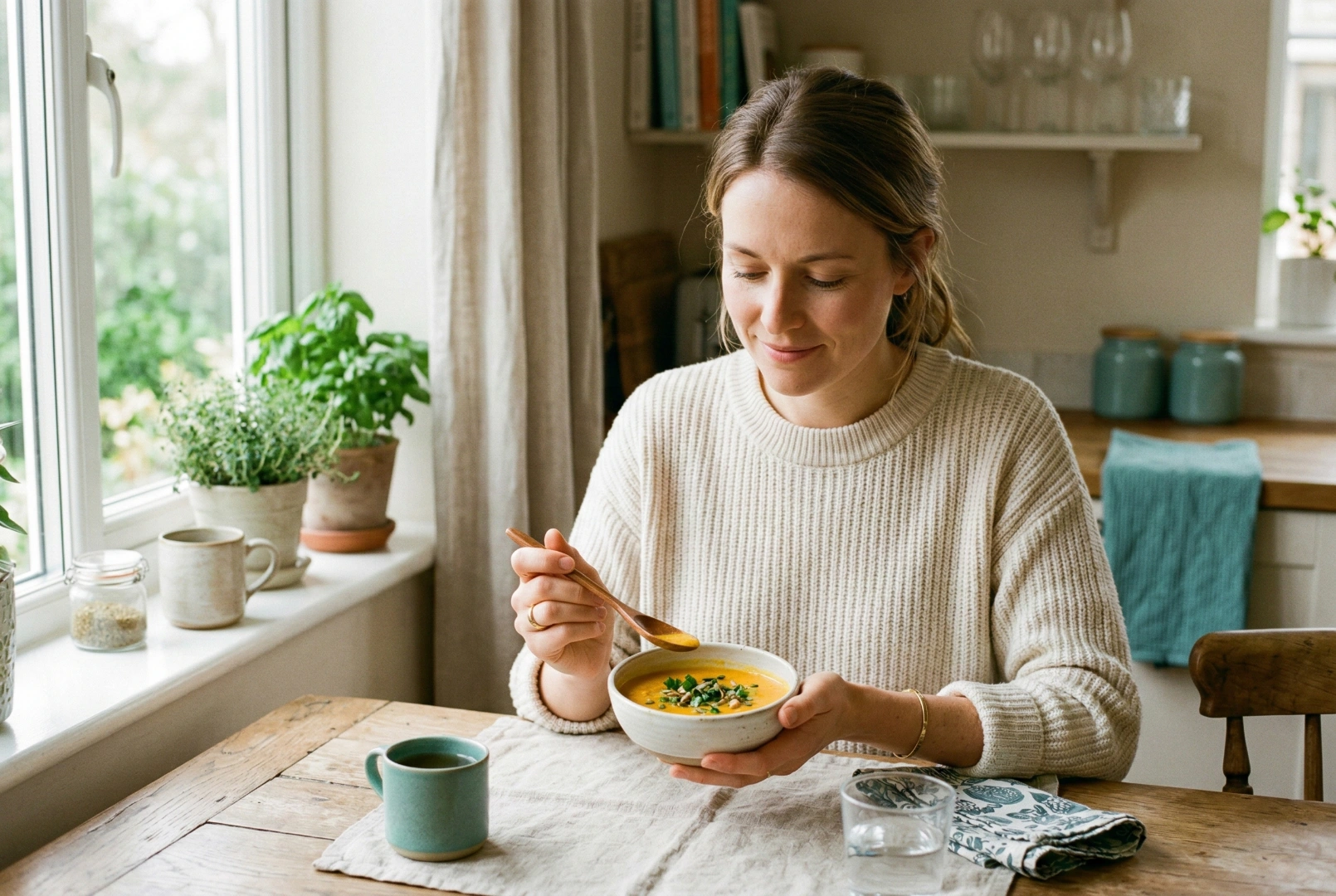 Woman holding small bowl of soup in bright kitchen