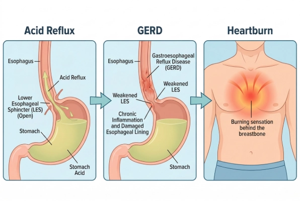 Connection between acid reflux, GERD, and heartburn